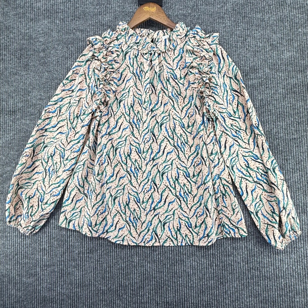 Entro Blouse Womens Medium Peach Blue Abstract Ruffle Neck Excellent Long Sleeve